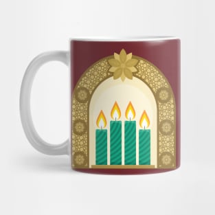 Four Advent candles lit in anticipation of the birth of Jesus Christ Mug